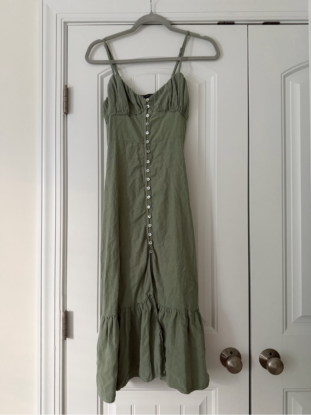 SOLD Zara Olive Green Button-Front Spaghetti Strap Dress